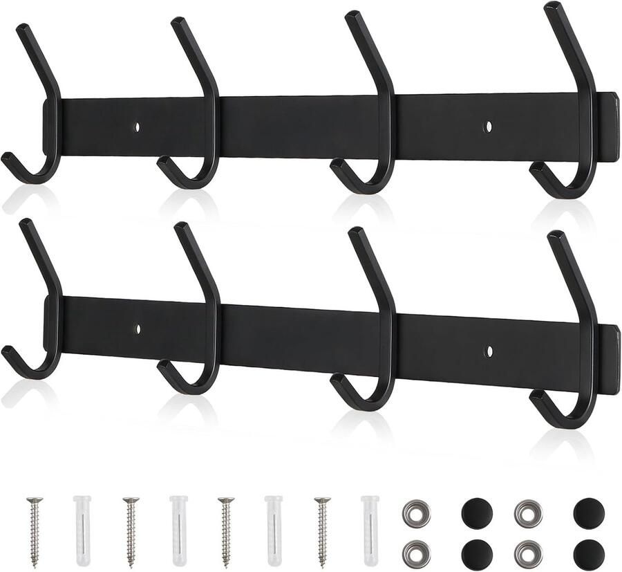 Imperatoris Wandkapstok Zwart met 4 Haken 2 Stuks Kapstok RVS Muurkapstok Handdoekrek Kapstok Haken Kapstokken Deur Kapstok Hangend met Bevestigingsmateriaal 43 x 3.7 x 8.4 cm