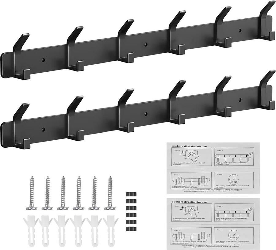 Imperatoris Wandkapstok Zwart met 6 Haken 2 Stuks Kapstok Aluminium Muurkapstok Handdoekrek Kapstok Haken Kapstokken Deur Kapstok Hangend met Bevestigingsmateriaal 43.7 x 7 x 3.5 cm