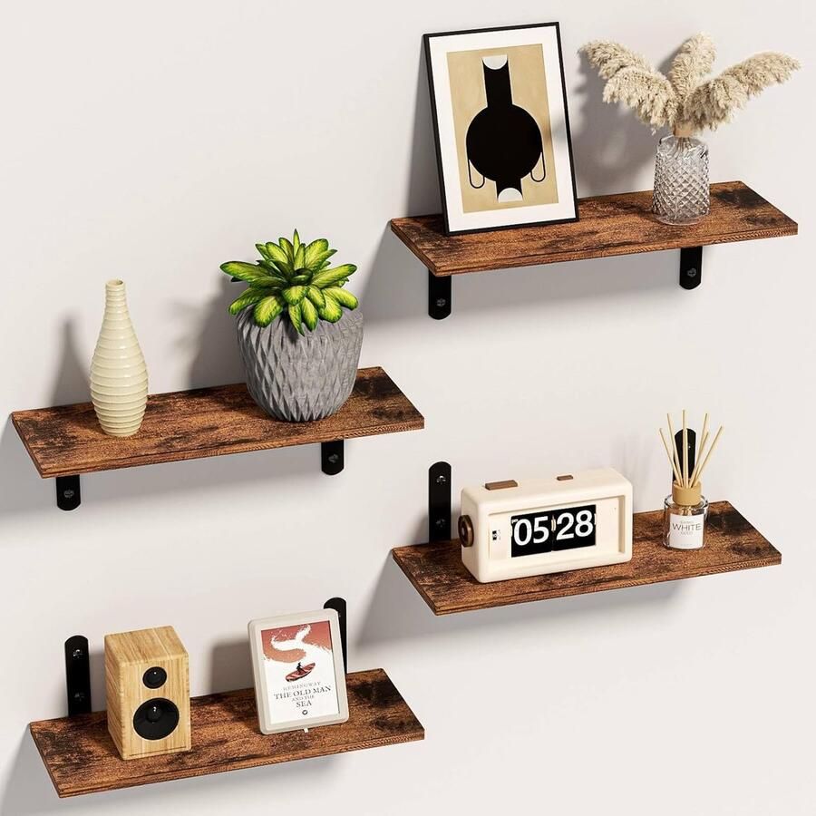 Imperatoris Wandplank 4 Stuks Wandplank Zwevend van Samengesteld Hout Wandrek Hoek Boekenplank Boekenrek Muurplank Wandrek voor Slaapkamer 12 x 32 x 10 cm Bruin-Zwart