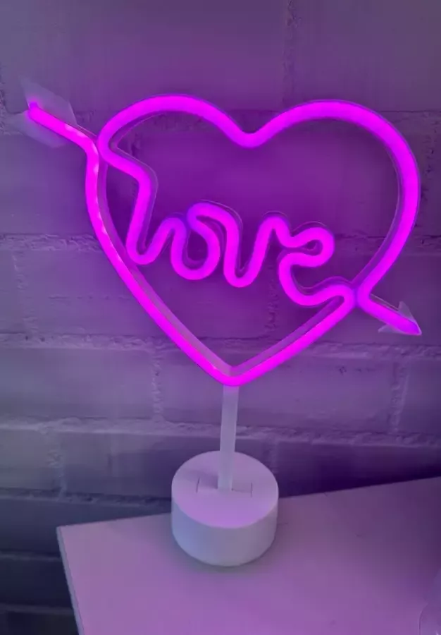 Impuls LED Hart + Love met neonlicht roze neon licht Op batterijen en USB hoogte 31 x 26.8 x 8.5 cm Tafellamp Nachtlamp Decoratieve verlichting Woonaccessoires