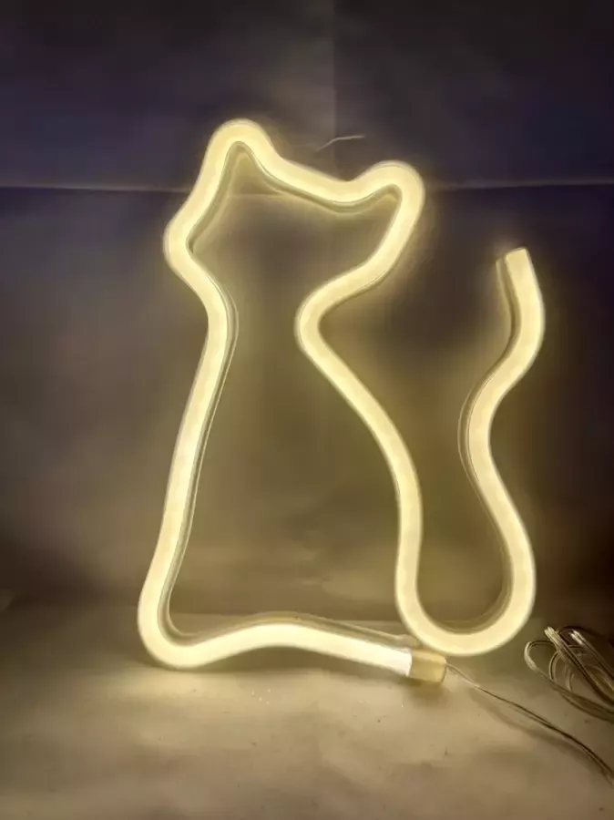 Impuls LED Kat met neonlicht geel neon licht Op batterijen en USB hoogte 17 x 1.5 x 23.5 cm Wandlamp Sfeerlamp Decoratieve verlichting Woonaccessoires