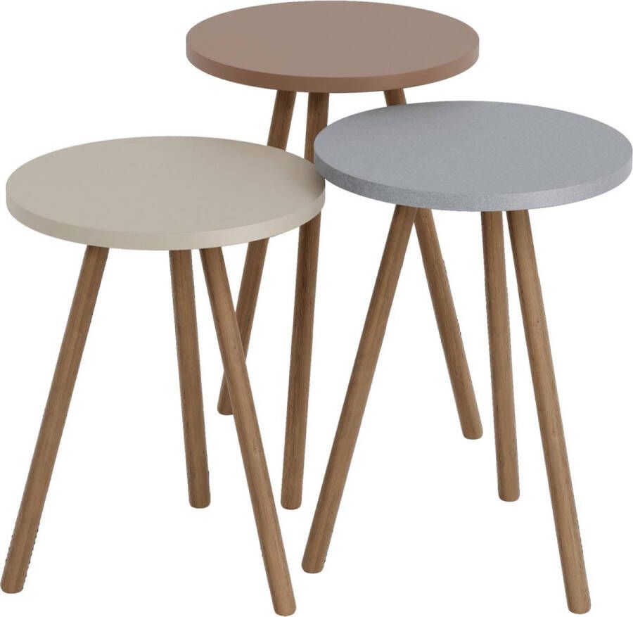 In And Outdoormatch Bijzettafel Alana Set van 3 Rond Houtkleurig en Multikleurig Spaanplaat en Beuken Stijlvol Design