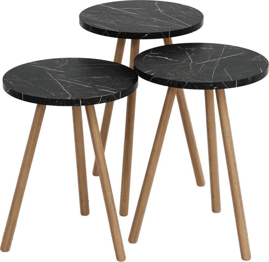 In And Outdoormatch Bijzettafel Ardith Set van 3 Rond Houtkleurig en Zwart Spaanplaat en Beuken Stijlvol Design