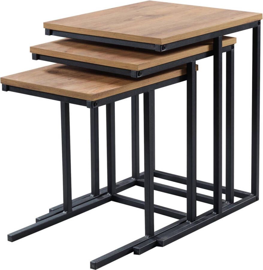 In And Outdoormatch Bijzettafel Destin Set van 3 Zwart en Walnoot kleurig Spaanplaat Stijlvol Design