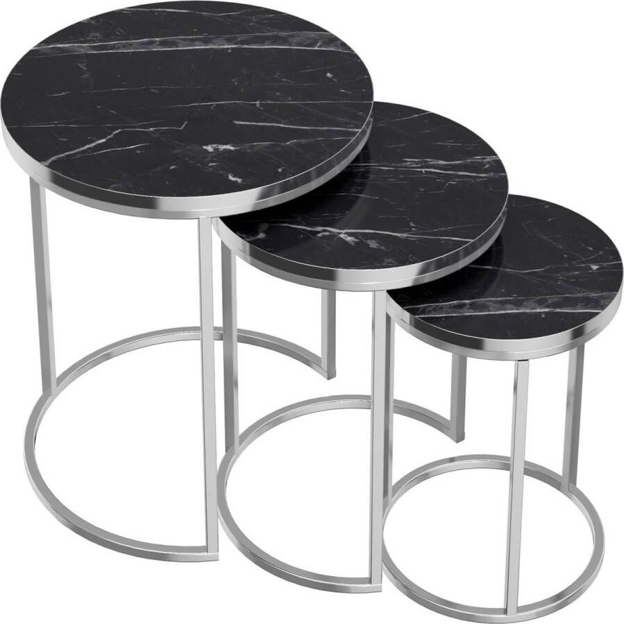 In And Outdoormatch Salontafel Zito Bijzettafel Set van 3 Rond Marmer Zwart en Zilver Spaanplaat en Metaal Stijlvol design