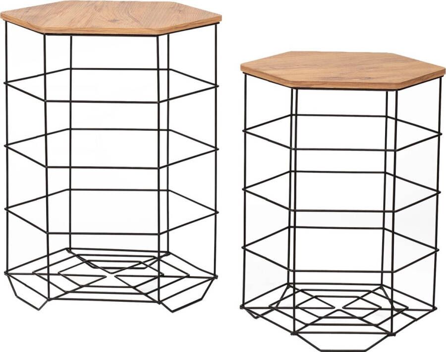 In And Outdoormatch Bijzettafel Germin Rond Set van 2 Zwart en Houtkleurig Metaal en MDF