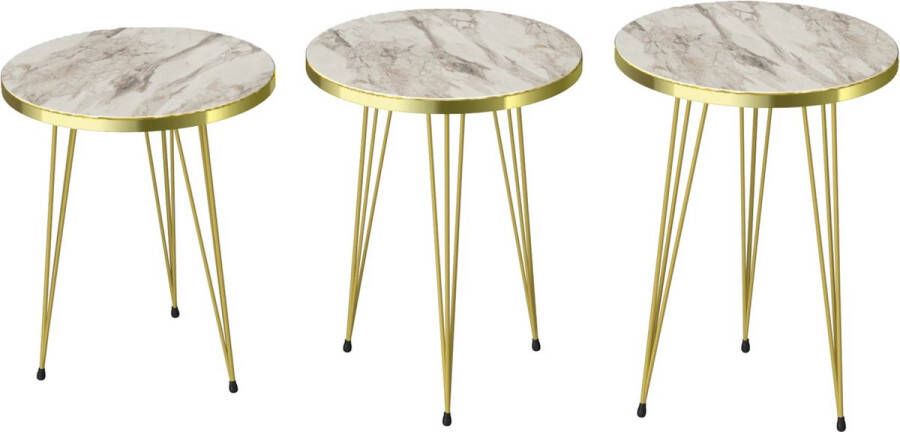 In And Outdoormatch Bijzettafel Joffa Set van 3 Rond Marmer Wit en Goud Spaanplaat en Metaal Stijlvol design