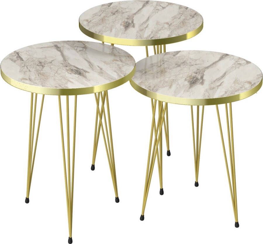 In And Outdoormatch Bijzettafel Joffa Set van 3 Rond Marmer Wit en Goud Spaanplaat en Metaal Stijlvol design - Foto 2