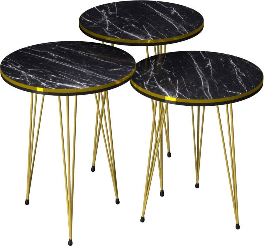 In And Outdoormatch Bijzettafel Josef Set van 3 Rond Marmer Zwart en Goud Spaanplaat en Metaal Stijlvol design