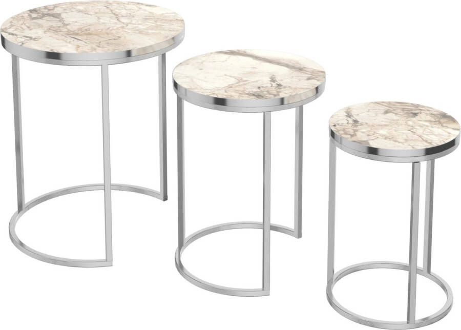 In And Outdoormatch Salontafel Leo Bijzettafel Set van 3 Rond Marmer Wit en Zilver Spaanplaat en Metaal Stijlvol design