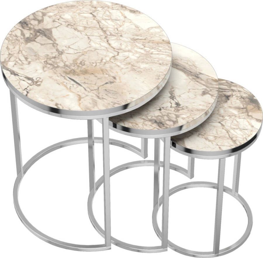 In And Outdoormatch Salontafel Leo Bijzettafel Set van 3 Rond Marmer Wit en Zilver Spaanplaat en Metaal Stijlvol design - Foto 2