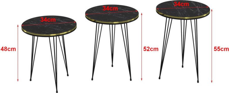 In And Outdoormatch Bijzettafel Louisa Set van 3 Rond Marmer Zwart Goudkleurig en Zwart Spaanplaat en Metaal Stijlvol design - Foto 2