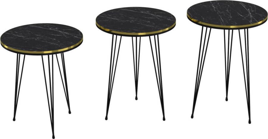 In And Outdoormatch Bijzettafel Louisa Set van 3 Rond Marmer Zwart Goudkleurig en Zwart Spaanplaat en Metaal Stijlvol design