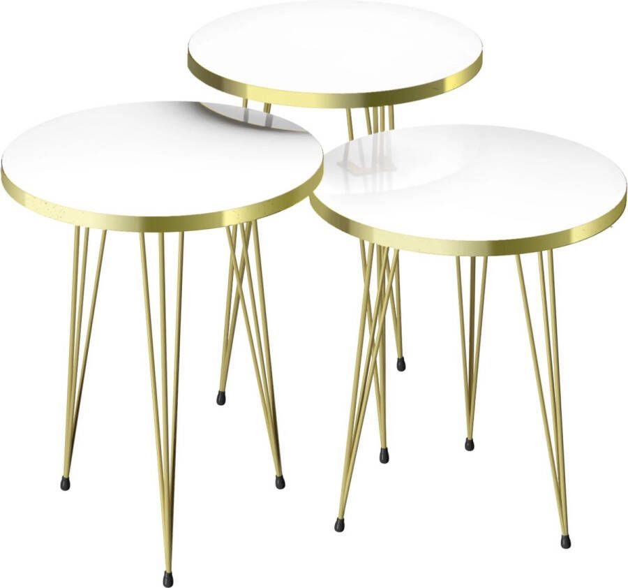 In And Outdoormatch Bijzettafel Matri Set van 3 Rond Wit en Goud Spaanplaat en Metaal Stijlvol design