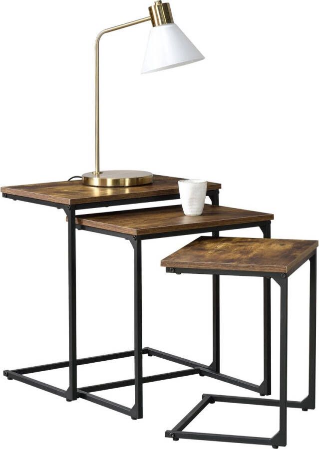 In And Outdoormatch Bijzettafel Nick Set van 3 Zwart en Houtkleurig Spaanplaat en Staal Modern Design
