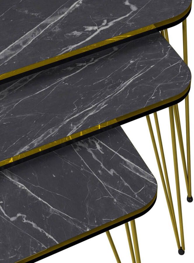 In And Outdoormatch Bijzettafel Phoenix Set van 3 Rond Marmer Zwart en Goud Spaanplaat en Metaal Stijlvol design - Foto 3