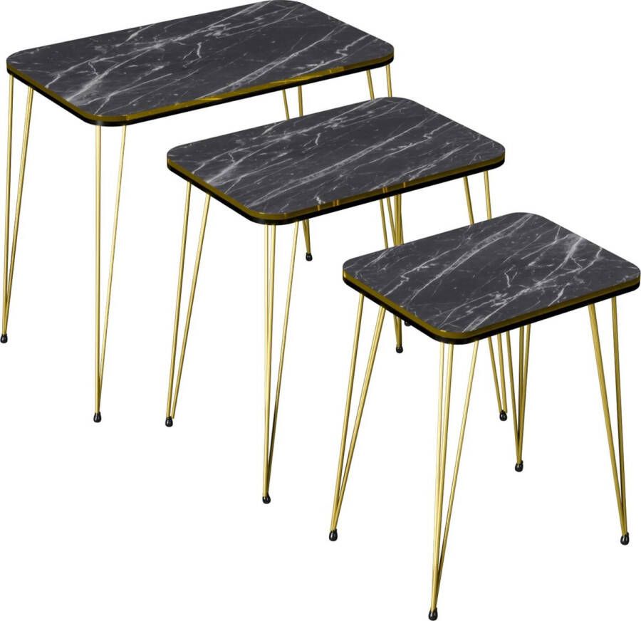 In And Outdoormatch Bijzettafel Phoenix Set van 3 Rond Marmer Zwart en Goud Spaanplaat en Metaal Stijlvol design