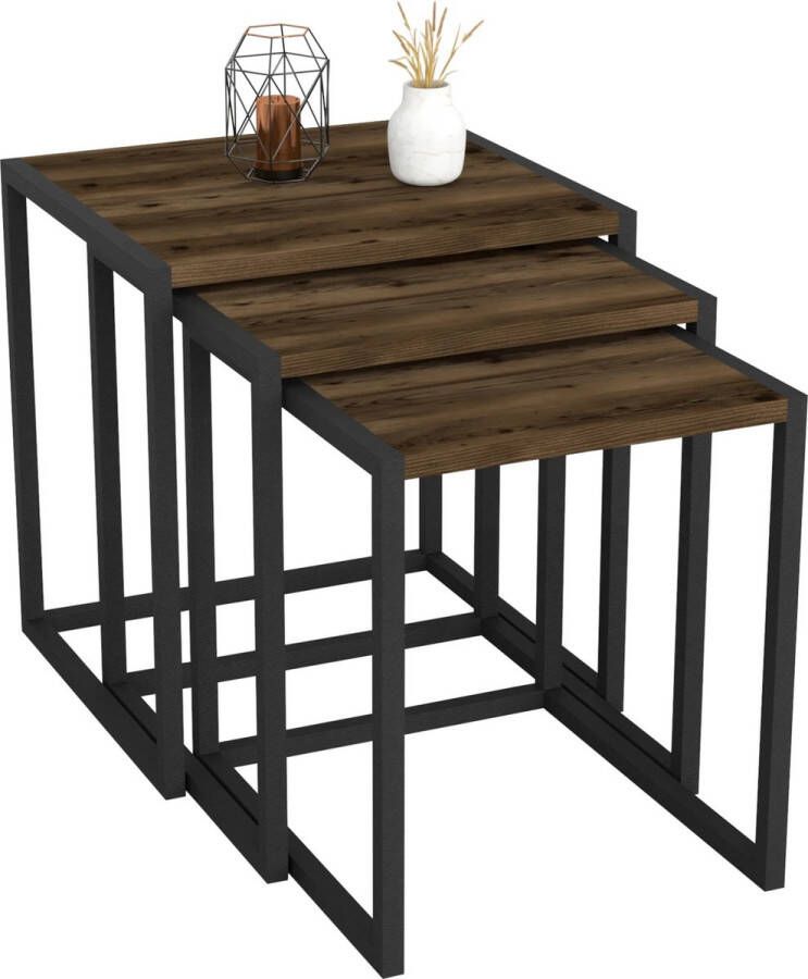 In And Outdoormatch Bijzettafel set van 3 Sunnfjord zwart en eiken antiek