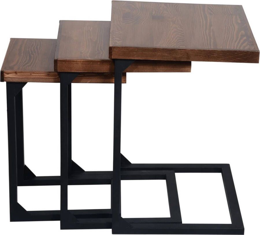 In And Outdoormatch Bijzettafel Tito Set van 3 Zwart en Houtkleurig Grenen en Metaal Modern Design