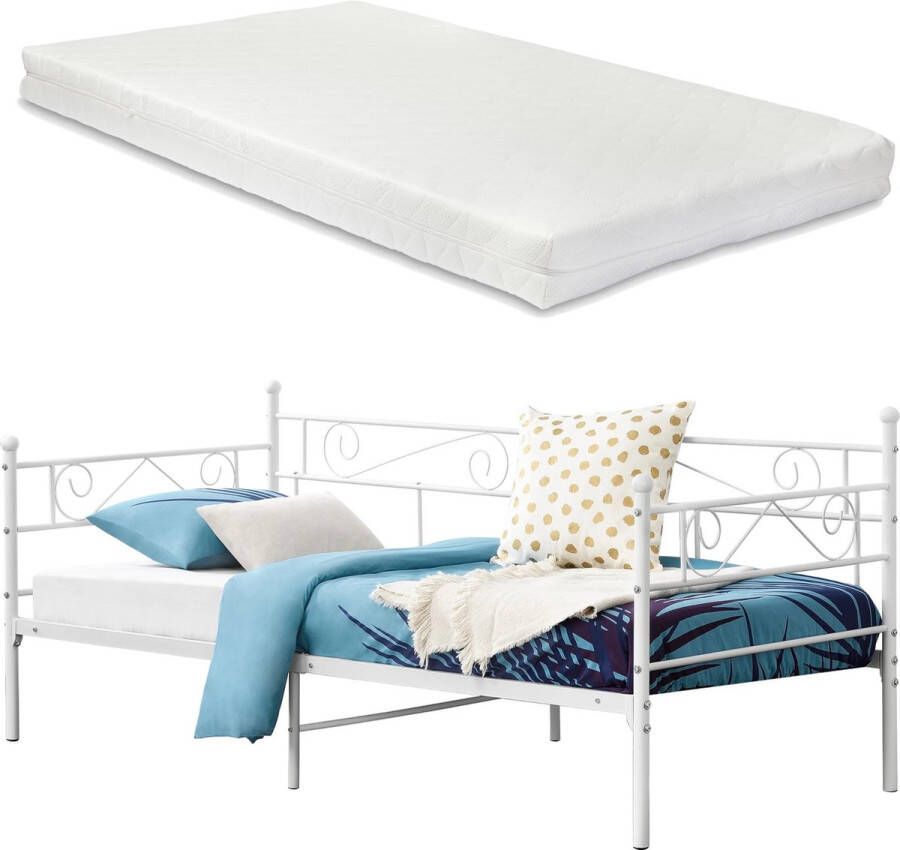 In And Outdoormatch Eenpersoonsslaapbank Gigi Met Matras 90x200 cm Wit Vintage Design Metalen bedframe