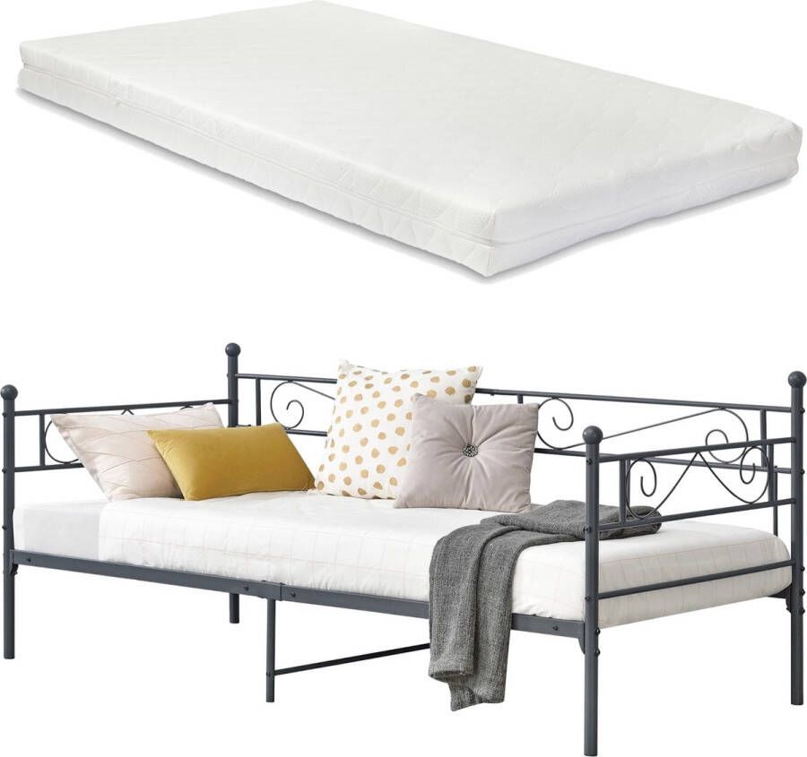 In And Outdoormatch Eenpersoonsslaapbank Zizi Met Matras 90x200 cm Donkergrijs Vintage Design Metalen Bedframe