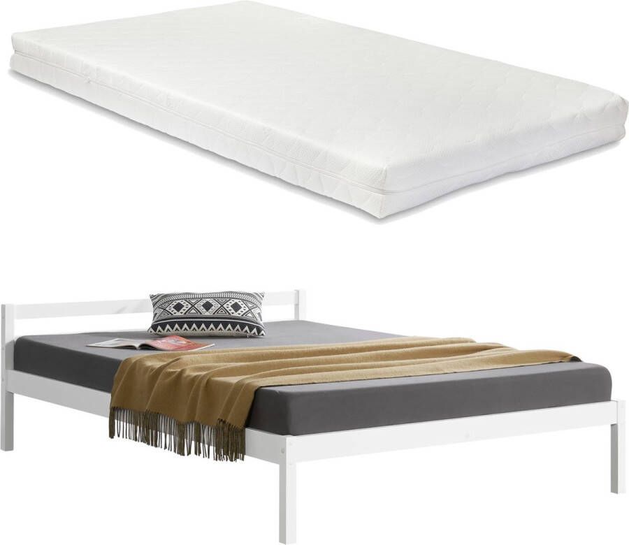 In And Outdoormatch Houten Bed Myrtle Grenen Met Matras 180x200 cm Wit Klassiek Design