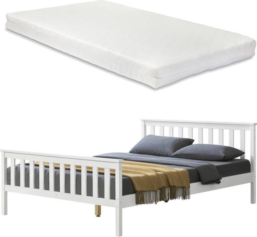 In And Outdoormatch Houten Bed Reina Grenen Met Matras 140x200 cm Wit Klassiek Design