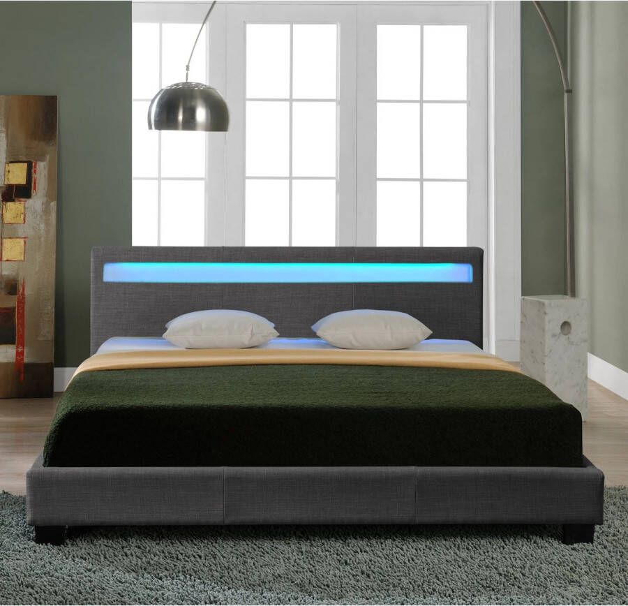 In And Outdoormatch Houten Bed Skylar Stof LED verlichting Bedbodem 180x200 Donkergrijs Modern Design