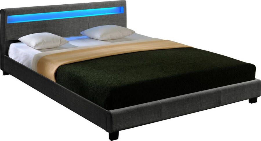 In And Outdoormatch Houten Bed Skylar Stof LED verlichting Bedbodem 180x200 Donkergrijs Modern Design