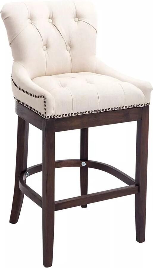 In And Outdoormatch Barkruk Brando chesterfield stijl wit stof houten antieke poten zithoogte 74 cm met rugleuning en voetensteun voorzien van messing spijkers deluxe