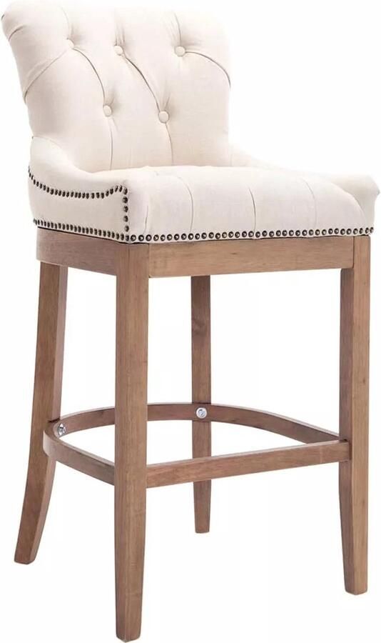 In And Outdoormatch Barkruk Marcos chesterfield stijl wit stof houten naturel poten zithoogte 74 cm met rugleuning en voetensteun met messing spijkers deluxe