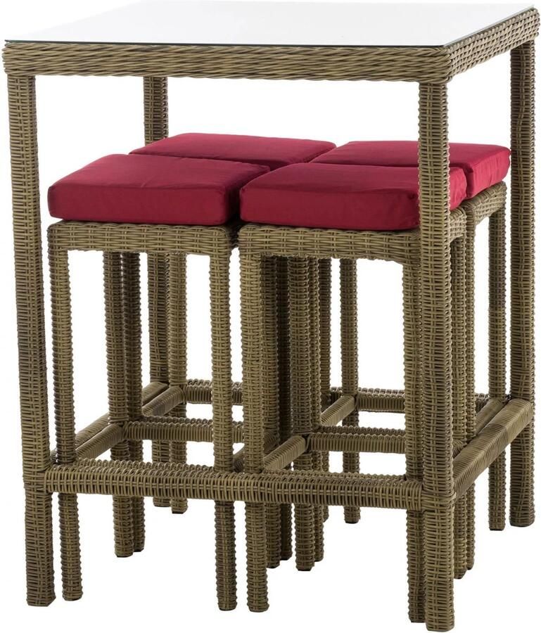 In And Outdoormatch Bartafel met stoelen Orie Rood Creme Tuinbar Rotan Set van 4 Orie Binnen en buiten Weerbestendig Tuinmeubelen 4 personen