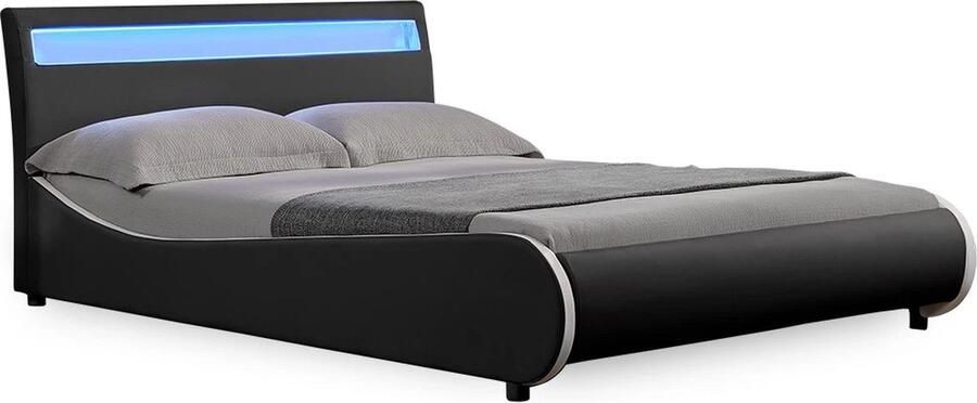 In And Outdoormatch Bed Emanuel LED Bedframe Kunstleer 180x200 cm Zwart Modern design