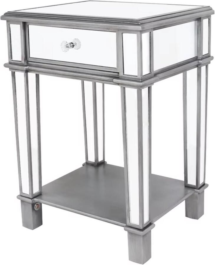 In And Outdoormatch Bijzettafel Gespiegeld Zilver Luxe Venetiaans Nachtkastje Met Lade & Open Plank Stijlvol Voor Slaapkamer & Woonkamer