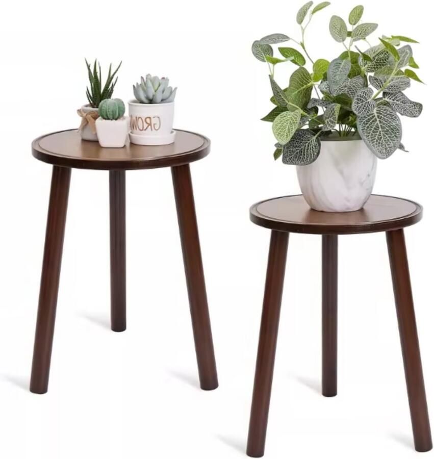 In And Outdoormatch Bijzettafels 2 stuks Bamboe Rond Mid Century Stijl Kleine Salontafel & Plant Stand Duurzaam & Makkelijk Te Monteren