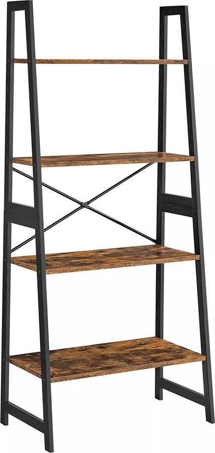 In And Outdoormatch In en OutdoorMatch Boekenkast Tony- Ladderplank 4 lagen Staande plank Bamboe Vintage Bruin Zwart