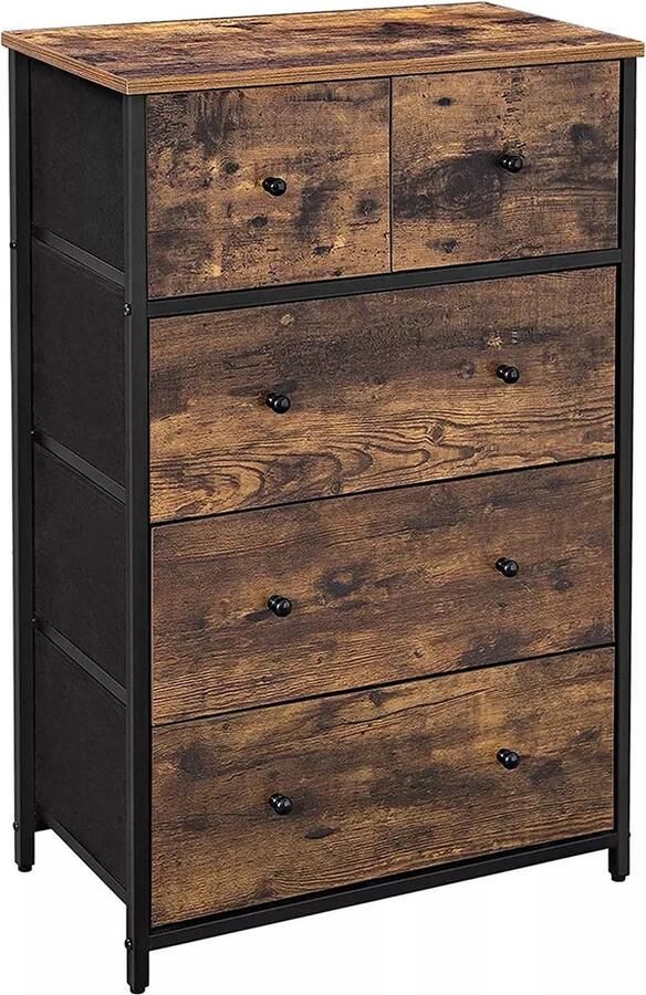 In And Outdoormatch Commode Maud Opbergkast Stoffen Lades met MDF Front Industrieel Design Hal Woonkamer Vintage Bruin Zwart