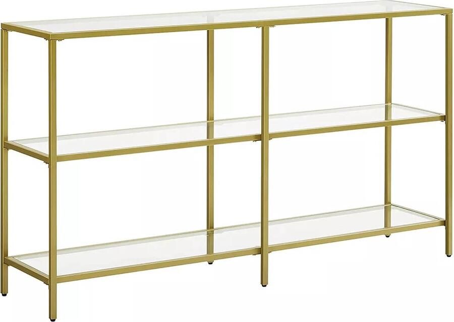 In And Outdoormatch Consoletafel Helmer Hal 3 Tier Bijzettafel Planken van Gehard Glas 130x30x73cm Metalen Frame Modern voor Hal Woonkamer Slaapkamer Goud