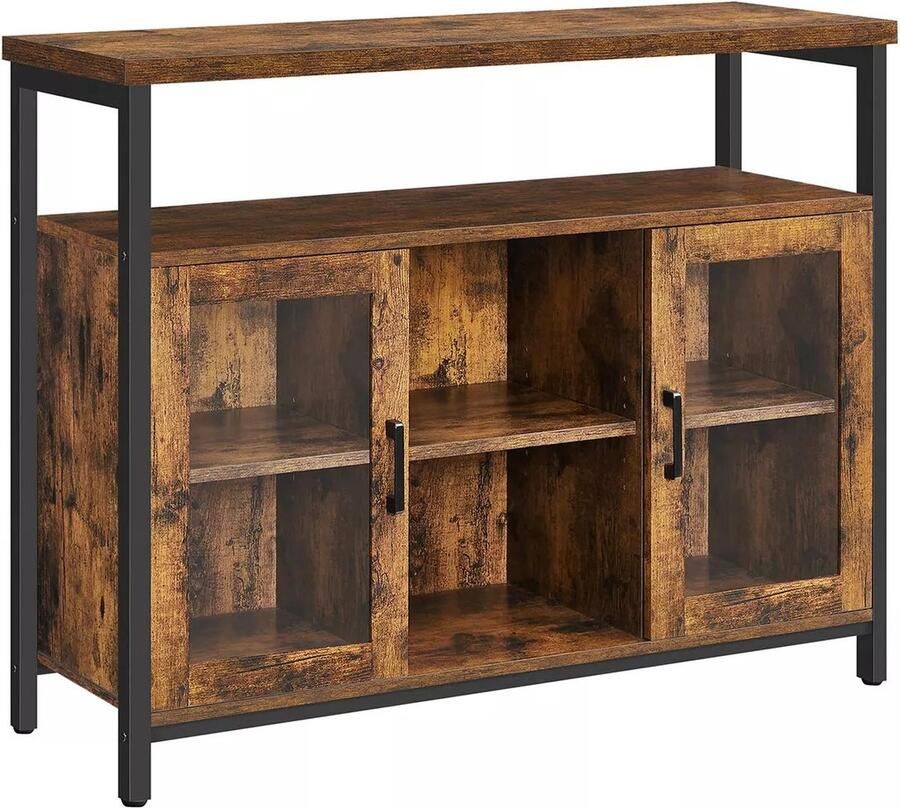 In And Outdoormatch Dressoir Keukenkast Clyde Opbergkast met 2 Helder Glazen Deuren Verstelbare Planken 100x35x80cm Industriële Stijl Vintage Bruin Zwart