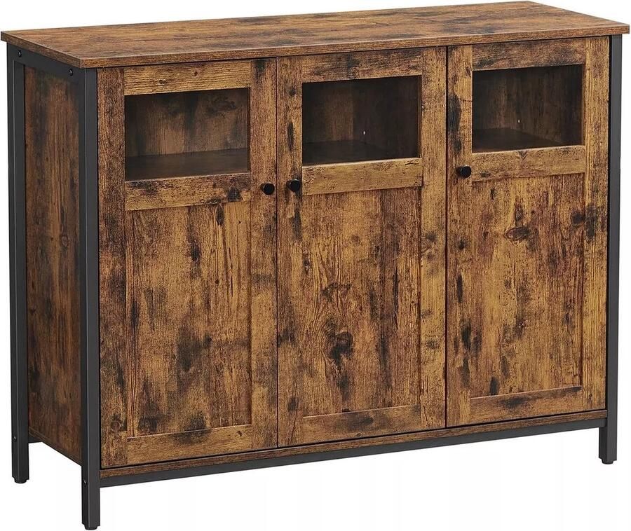 In And Outdoormatch Dressoir Keukenkast Roger Opbergkast met Glazen Deur Woonkamer Keuken Eetkamer Stalen Frame Industriële Stijl Vintage Bruin Zwart