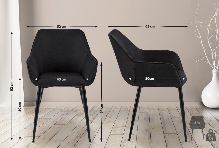 In And Outdoormatch Eetkamerstoel Keeley Zwart Set van 2 Stof Hoge kwaliteit bekleding Luxe eetkamerstoel Moderne look - Foto 2