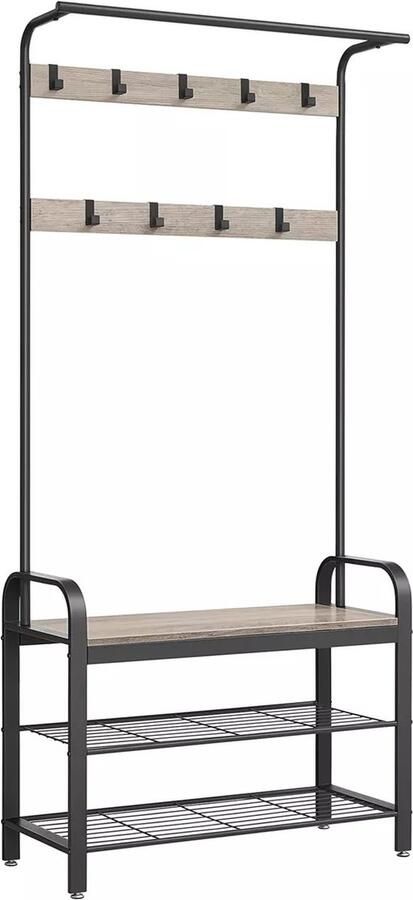In And Outdoormatch Kapstok Hillary Kledingkast Schoenenrek met Zitting Kledingrek met 9 afneembare haken Bank 2 draadplanken 183 cm hoog Industrieel Design Vintage Bruin Zwart