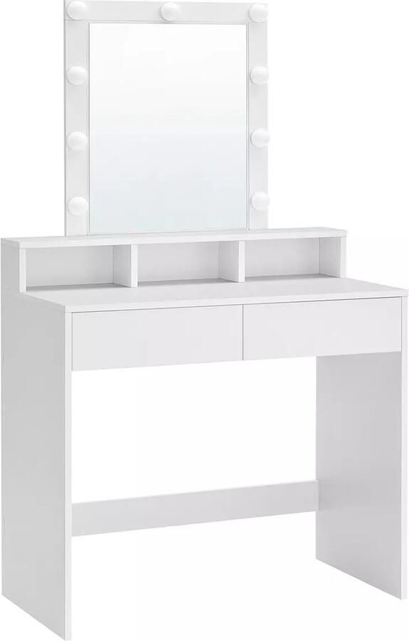 In And Outdoormatch Kaptafel Ayla met Spiegel en Lampen Kaptafel 2 Laden en 3 Open Compartimenten Modern- Wit 80x40x145cm