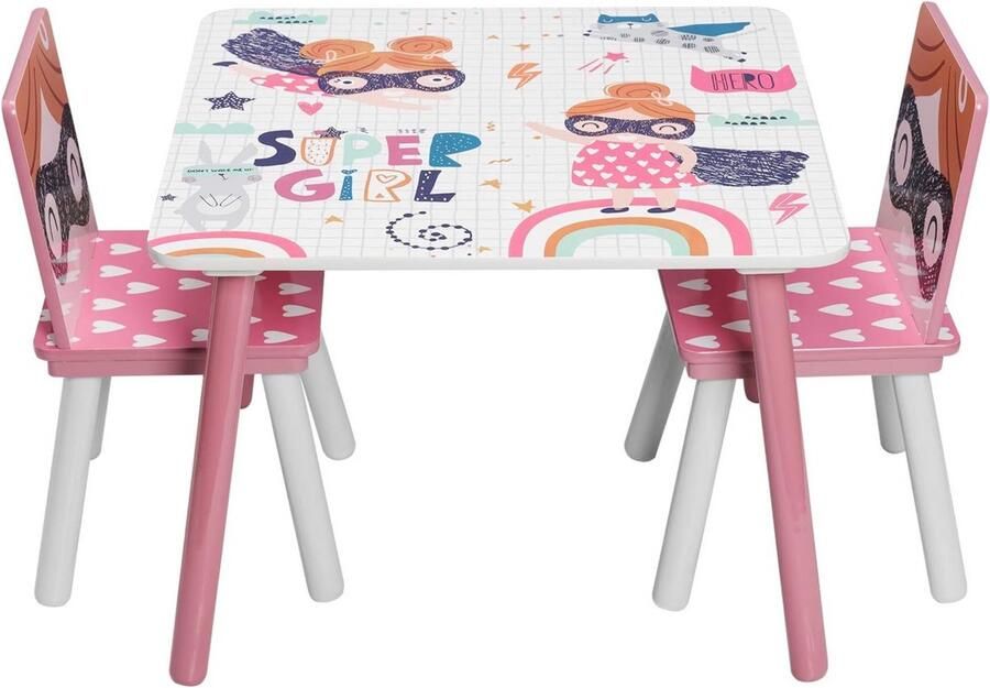 In And Outdoormatch Kindertafel en 2 stoeltjes speels roze design met superheld print stevig houten materiaal modern