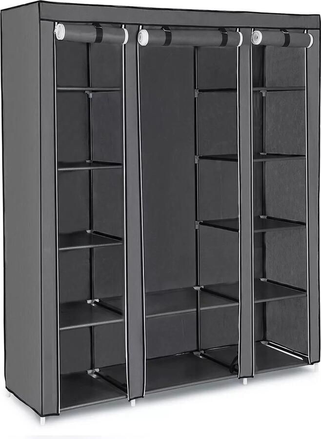 In And Outdoormatch kledingkast Berlin opvouwbare kledingkast Grijs stof met kledingroede en 3 roldeuren campinggarderobe 175x150x45cm