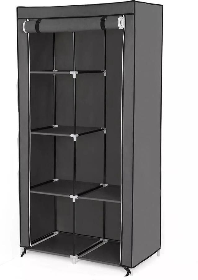 In And Outdoormatch Kledingkast met deur Ole Grijze Kledingkast Opvouwbare stoffen Kledingkastorganizer Slaapkamer Kledingrek Stofvrij 88x45x170cm