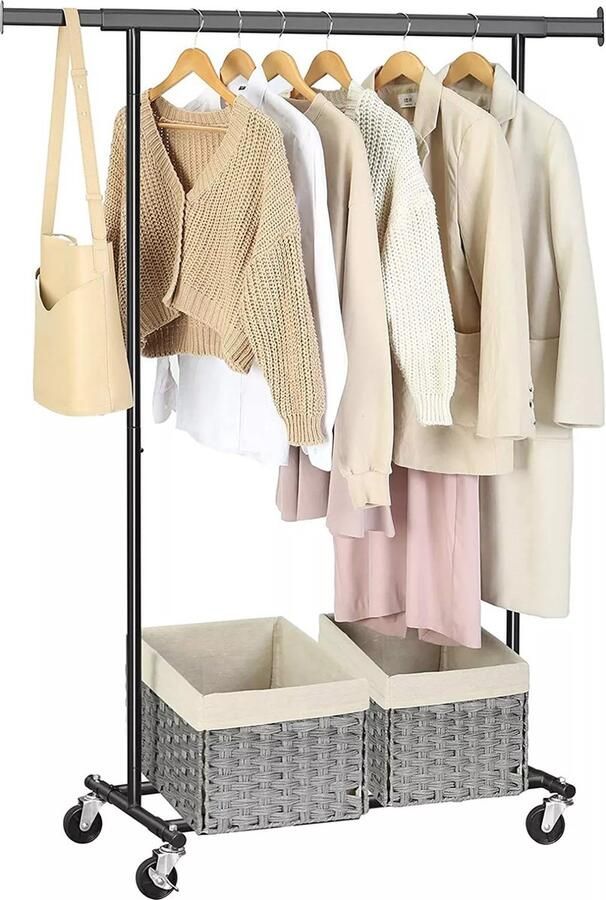 In And Outdoormatch Kledingrek Justus Op wieltjes Metaal Garderobekast kledingkast organizer Slaapkamer Zwart 132x45x160cm