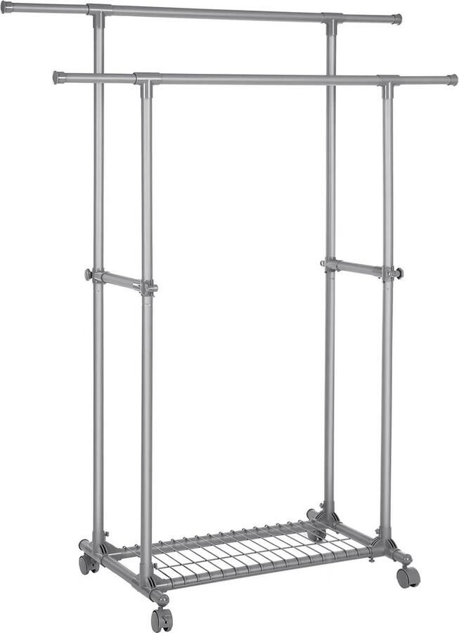 In And Outdoormatch Kledingrek Leonora Op Wielen Uitschuifbare Kapstok Met Dubbele Stang Kledingrek Laadvermogen tot 70 kg 87-150x52x166cm Voor Jurken Overhemden Kostuums Grijs