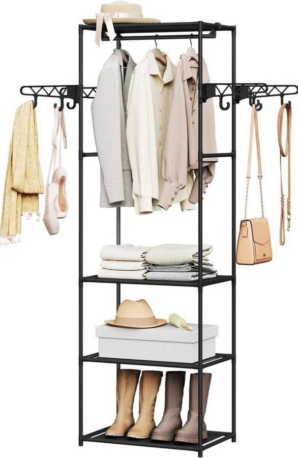 In And Outdoormatch Kledingrek Vrijstaand Met Kledingrail 4 Haken & 3 Planken Garderobestandaard voor Slaapkamer Hal of Woonkamer Metalen Frame Open Kledingkast Zwart 53 5x171x35 5 cm