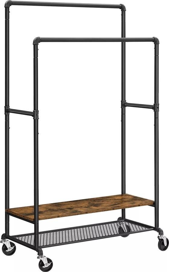 In And Outdoormatch Kledingstandaard Esperanza Met 2 Kledingstangen Kapstok Met 2 Planken Met Wielen Industrieel Design Vintage Bruin Zwart